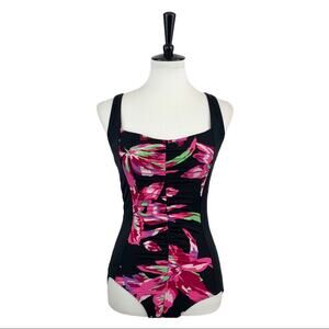 Tropical Escape Women's Black Pink Floral Ruched One Piece Swimsuit Size 6